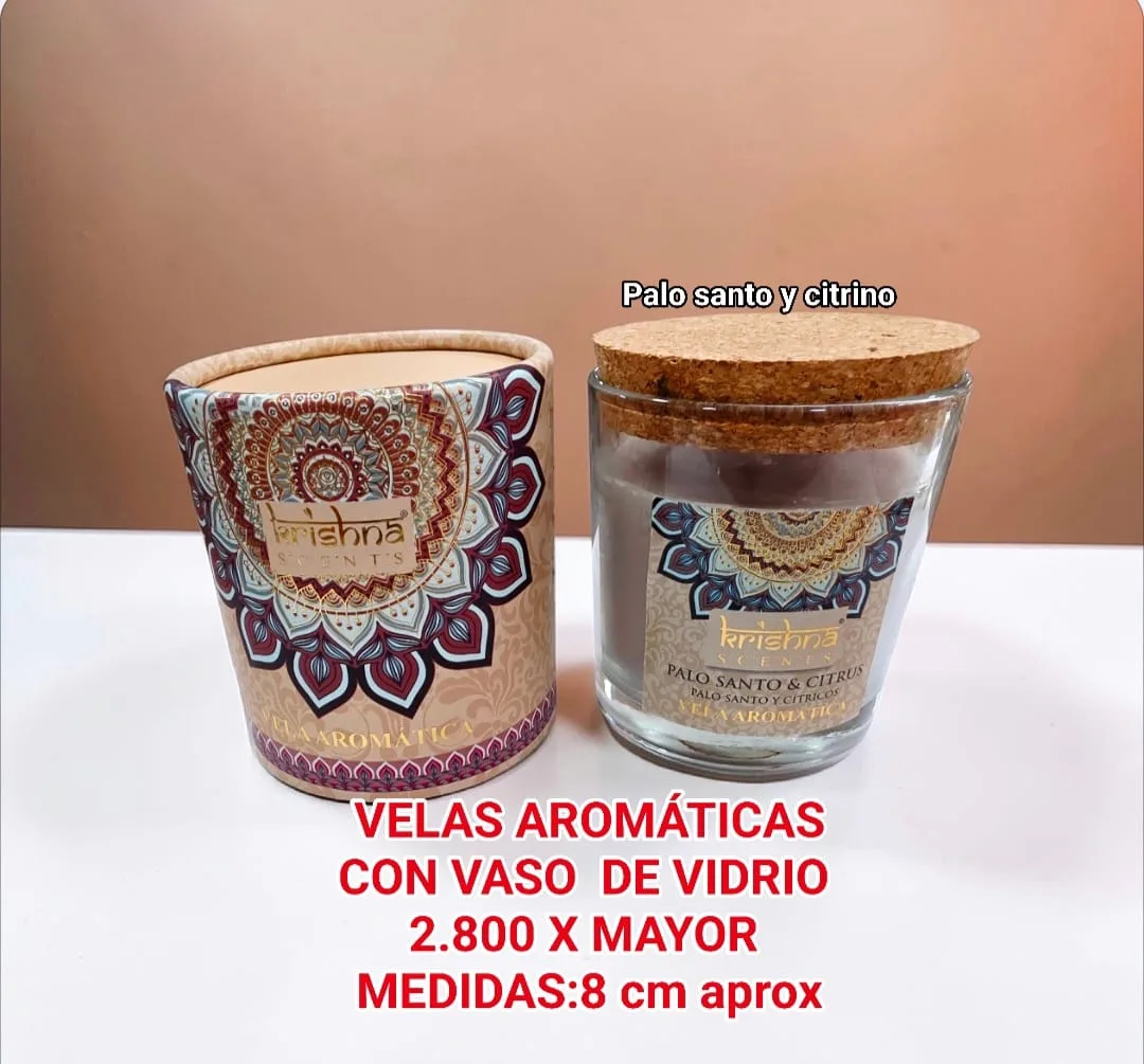 Velas Aromaticas Krishna Vaso de Vidrio Palo Santo y Citrino