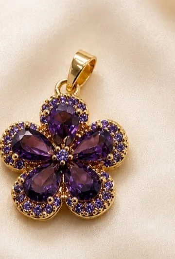 Colgante de Rodio - Flor de 5 petalos morados grandes