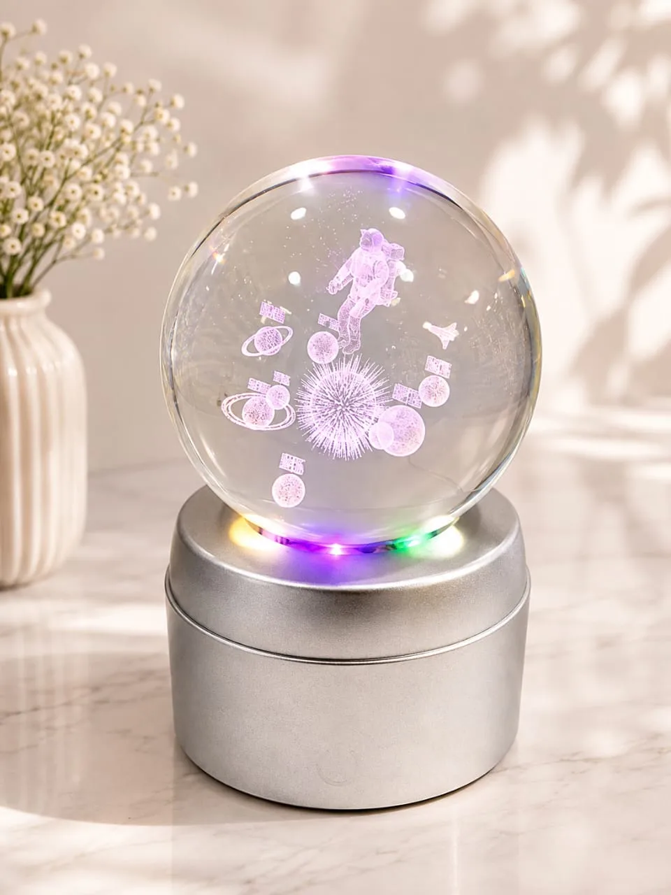 Lampara de Mesa Bola de Cristal Giratorio Sistema Solar con Base Plateada