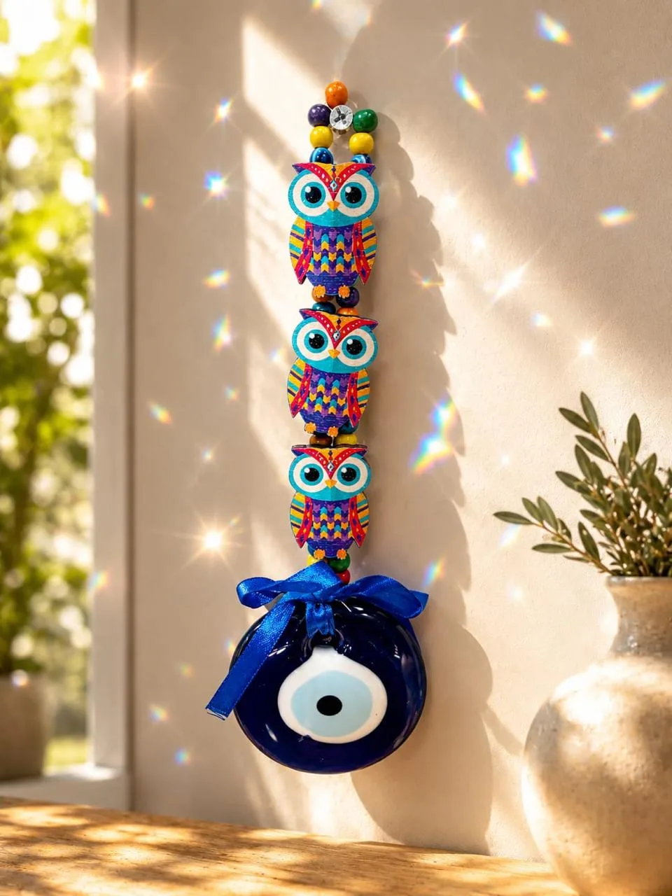 Colgante Tres Búhos Pintados con Ojo Turco de Vidrio