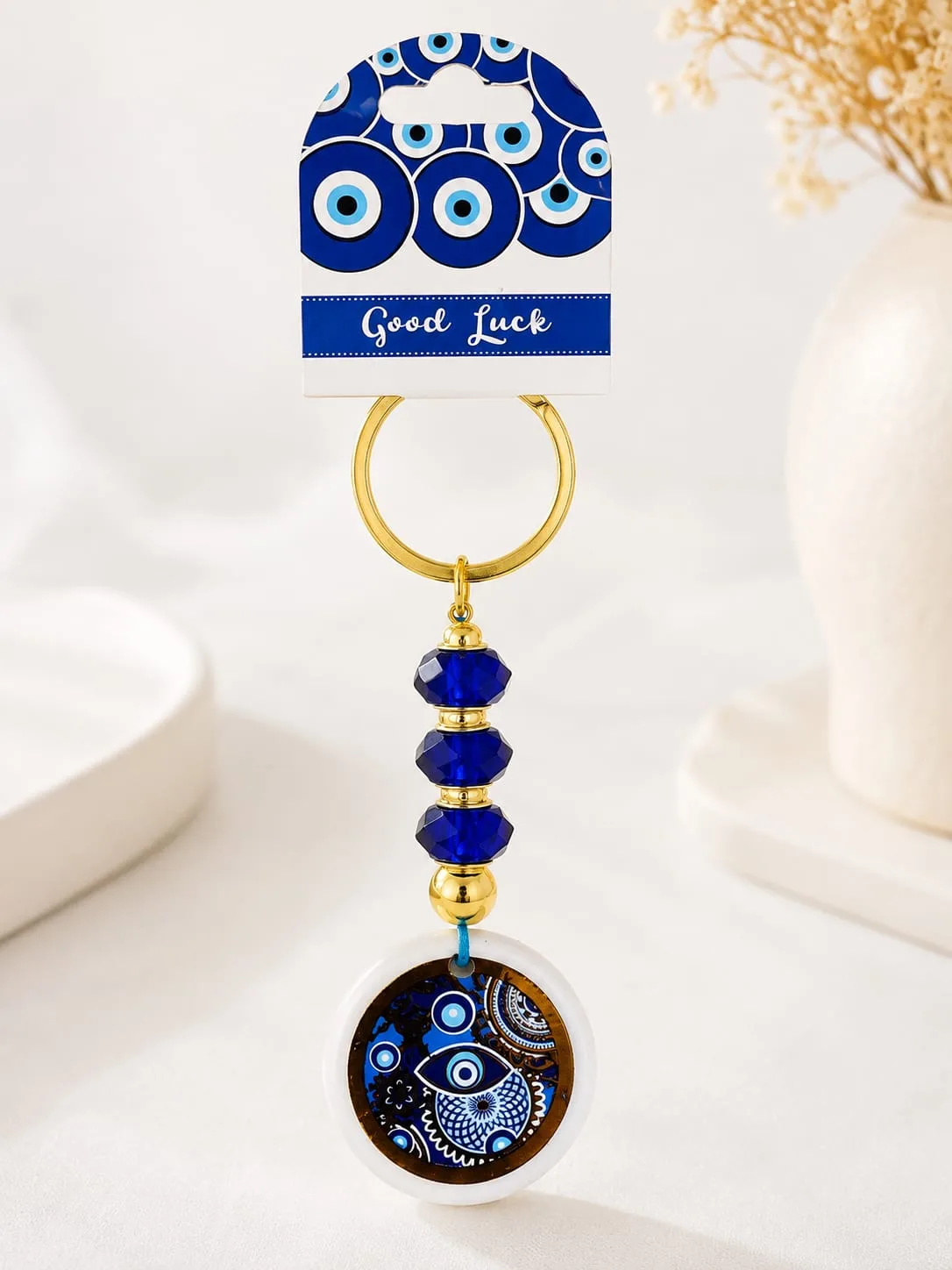 Llavero Dorado de Ojo Turco - Blanco y Azul con Motivo Tipo Buho/Paisley