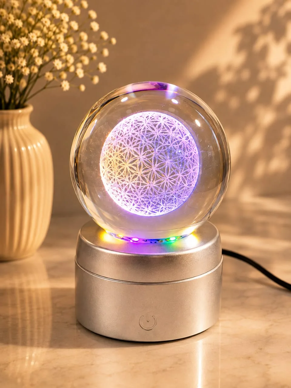 Lampara de Mesa Bola de Cristal Giratorio Flor de la Vida con Base Plateada