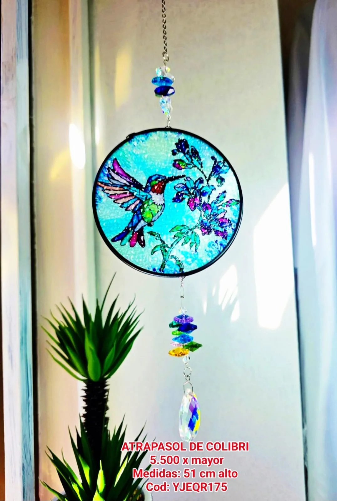 Atrapasoles Disco Vitral Colibrí con Cristales Prismáticos
