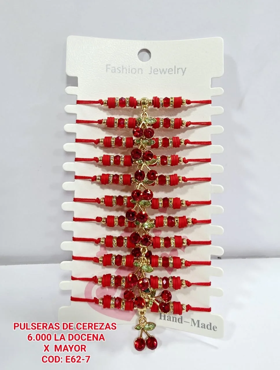 Pack 12 Pulsera Cerezas Esmaltadas con Discos Fimo Rojos, Cristales Facetados y Rondelles Estrás