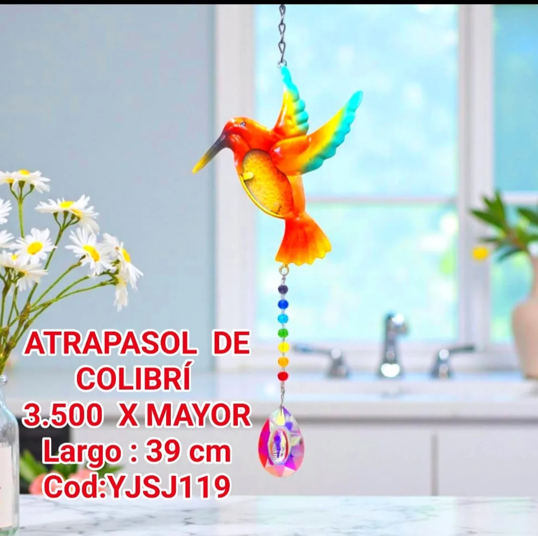 Atrapasoles Móvil Colibrí Multicolor 7 Chakras con Medallón Prismático Iridiscente