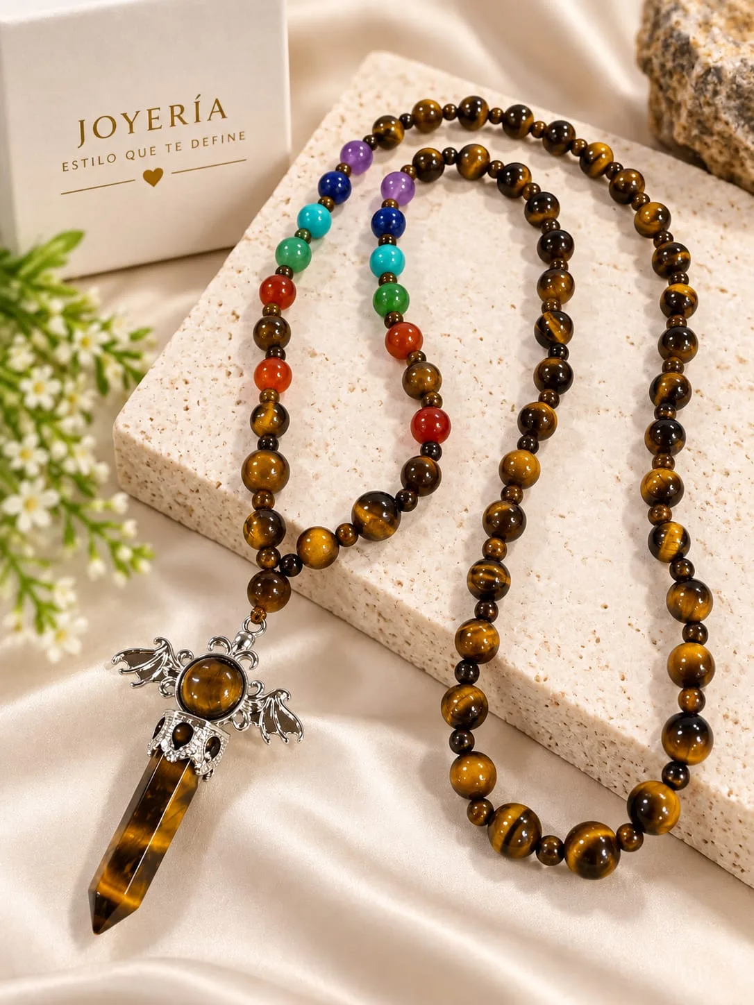 Collar de Ojo de Tigre con 7 Chakras