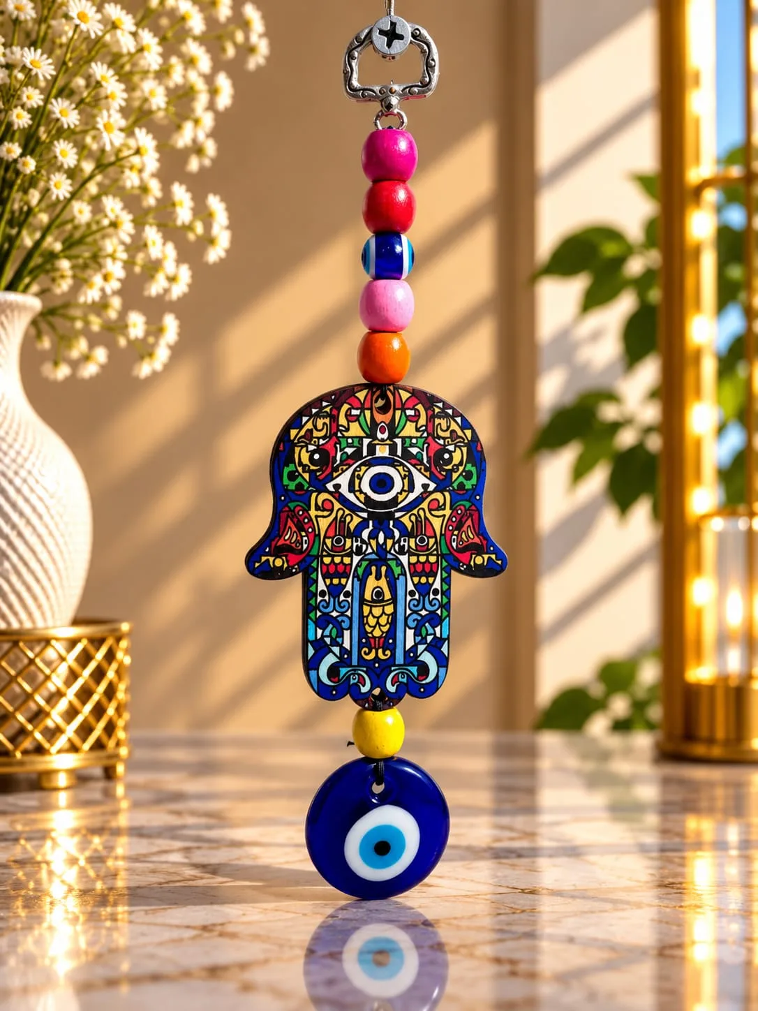 Colgante de Madera Ojo Turco Mano de Fátima Multicolor
