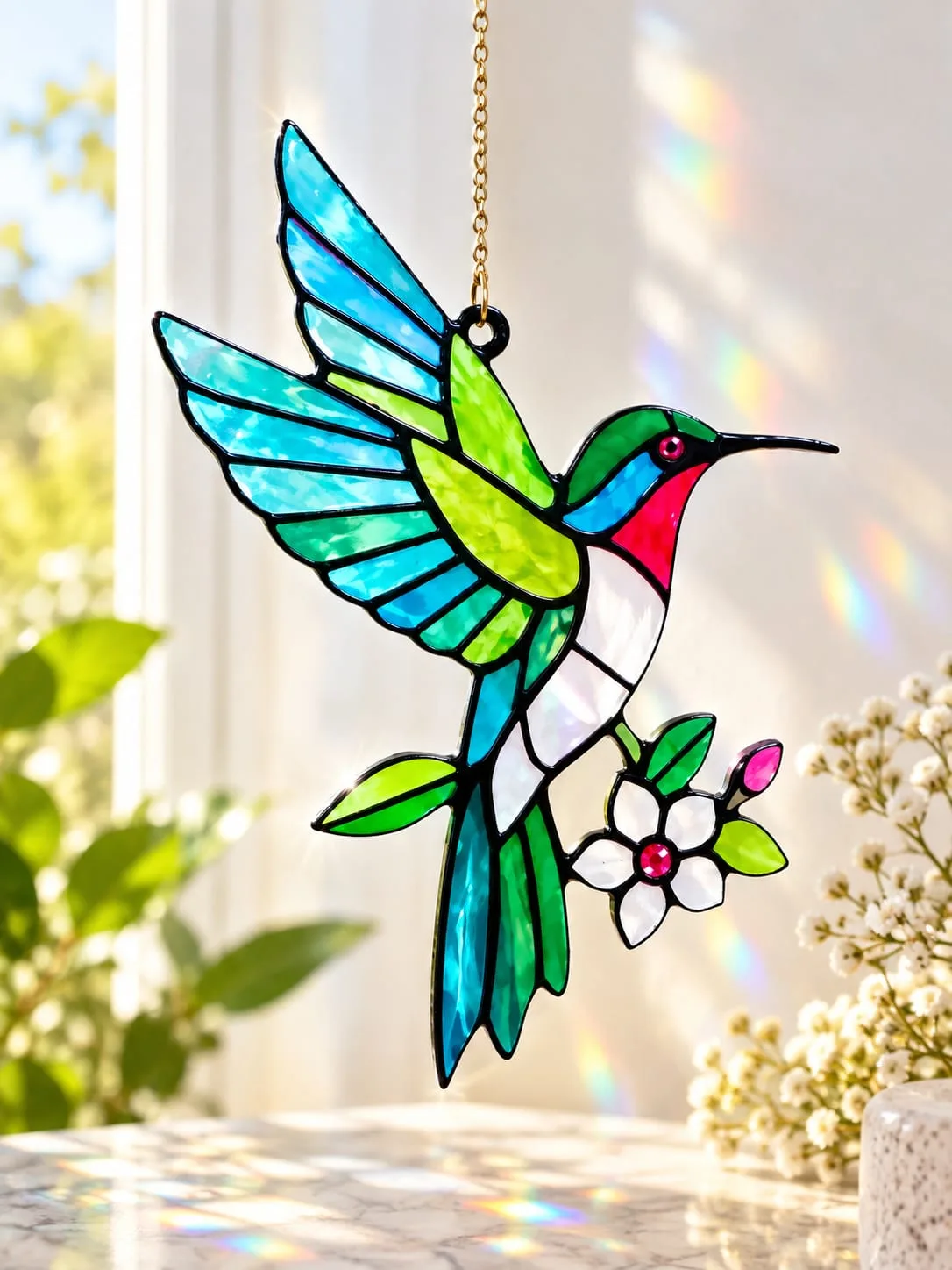 Atrapasol Colibrí en Vuelo con Flor