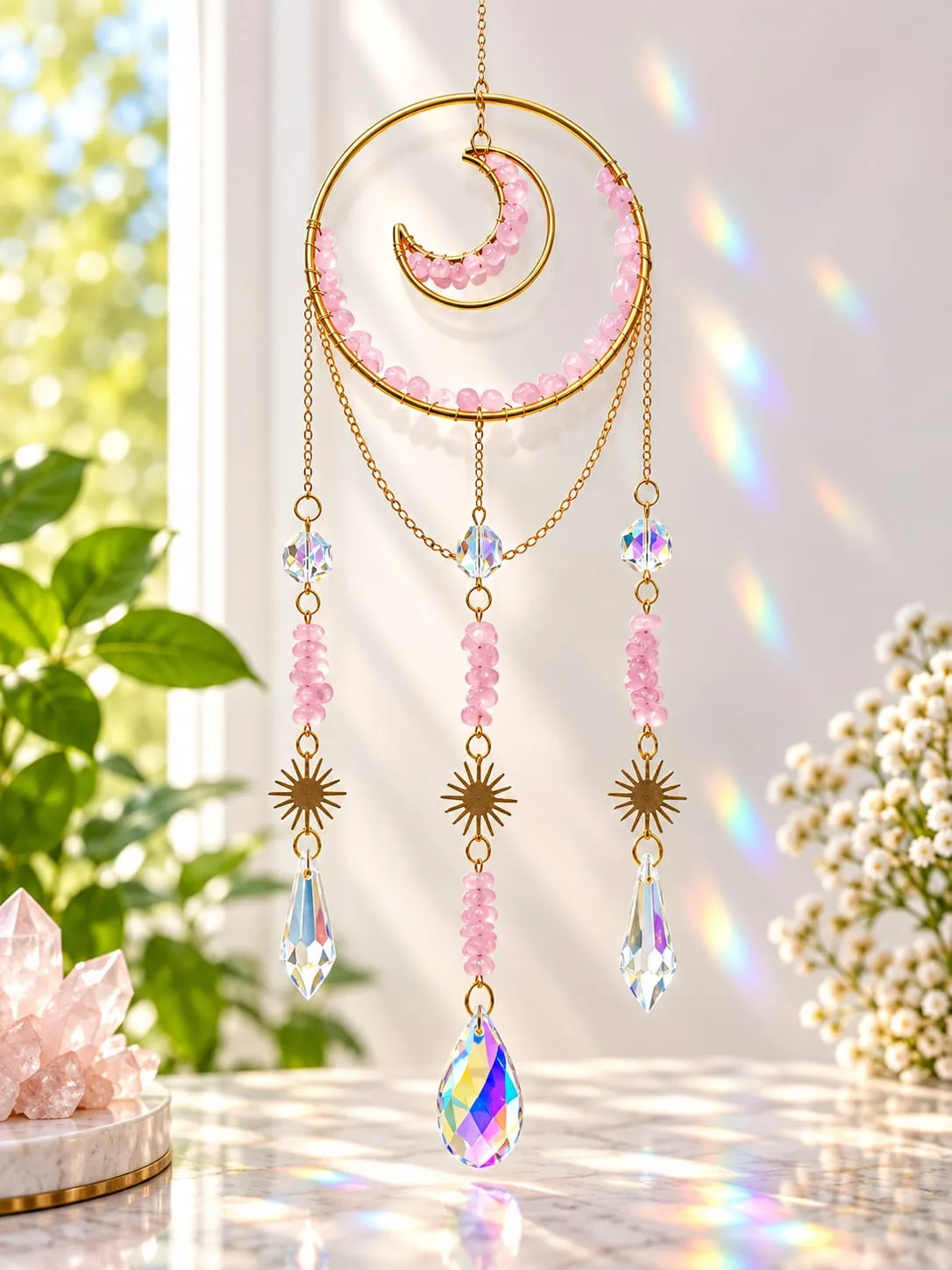 Atrapasol Luna de Cuarzo Rosado con Cristales Colgantes