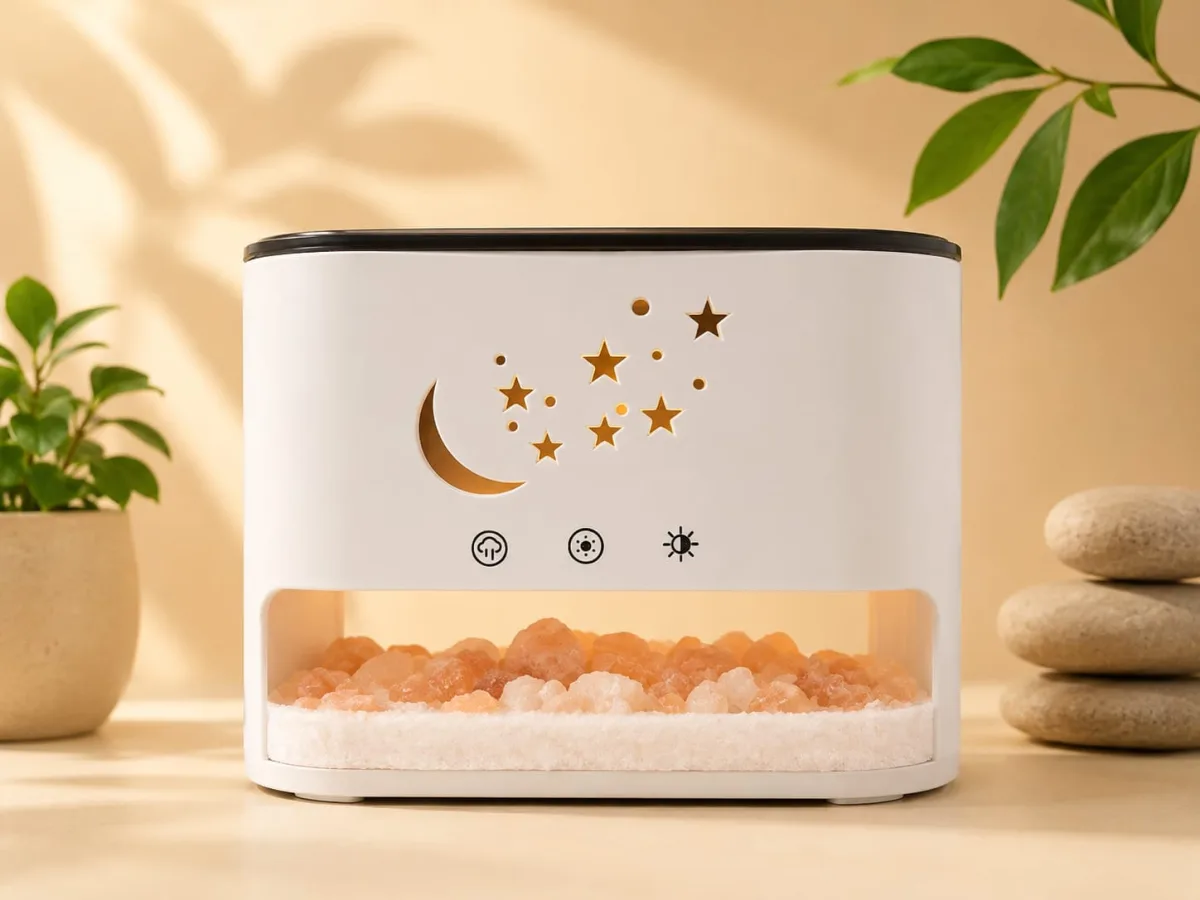 Difusor Humidificador con Piedras de Sal del Himalaya y Diseño de Luna y Estrellas