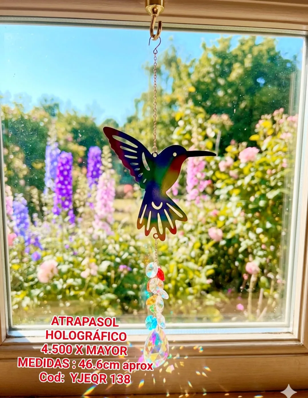 Atrapasoles Holográfico Silueta Colibrí en Vuelo con Cristales de Colores y Prisma Iridiscente