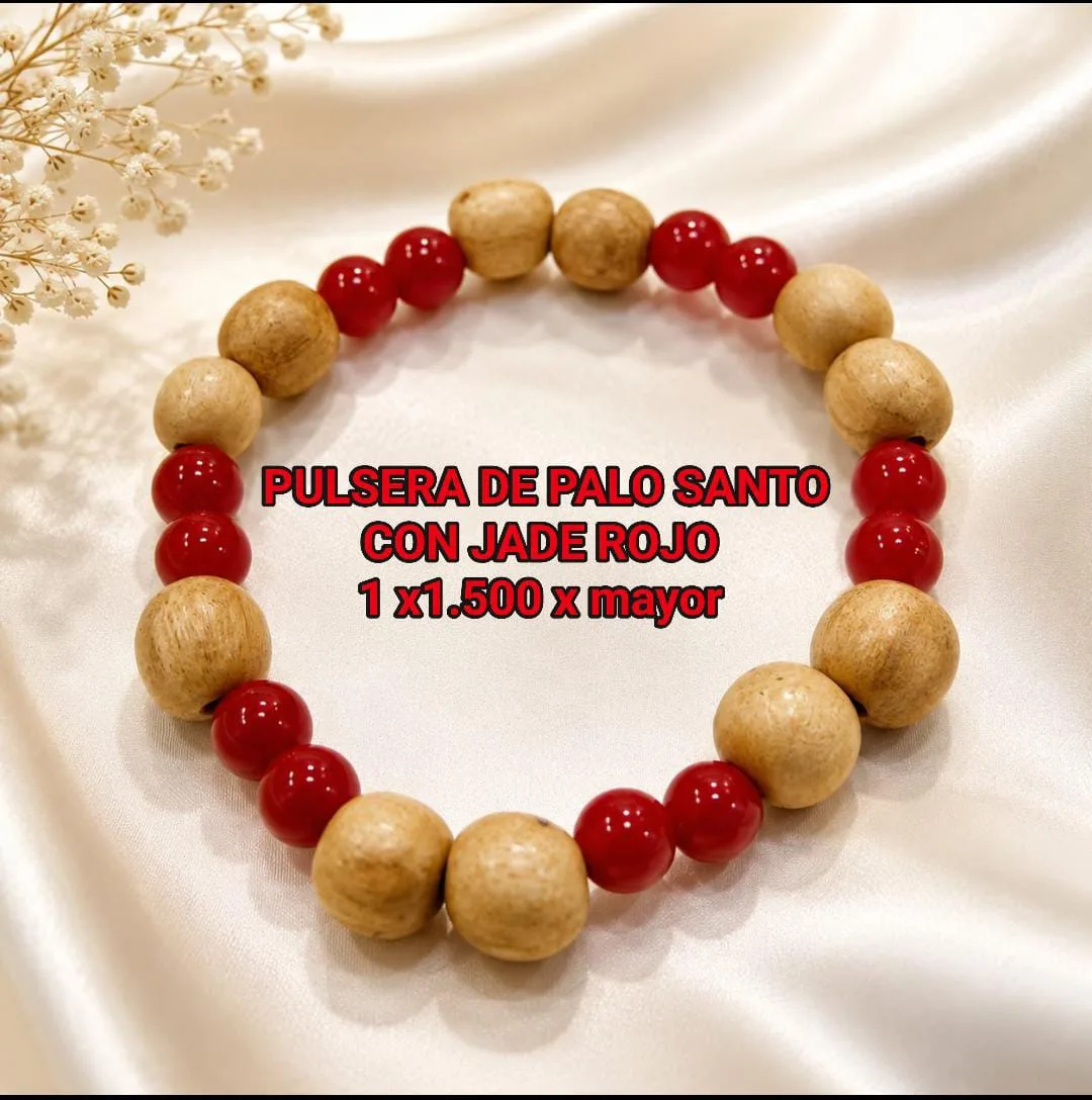 Pulsera de Palo Santo con Jade Rojo