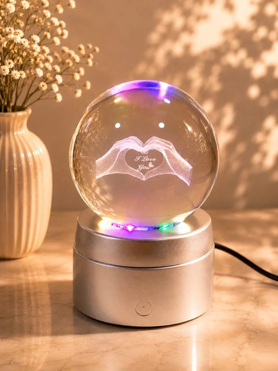 Lampara de Mesa Bola de Cristal Giratorio Corazon con Base Plateada
