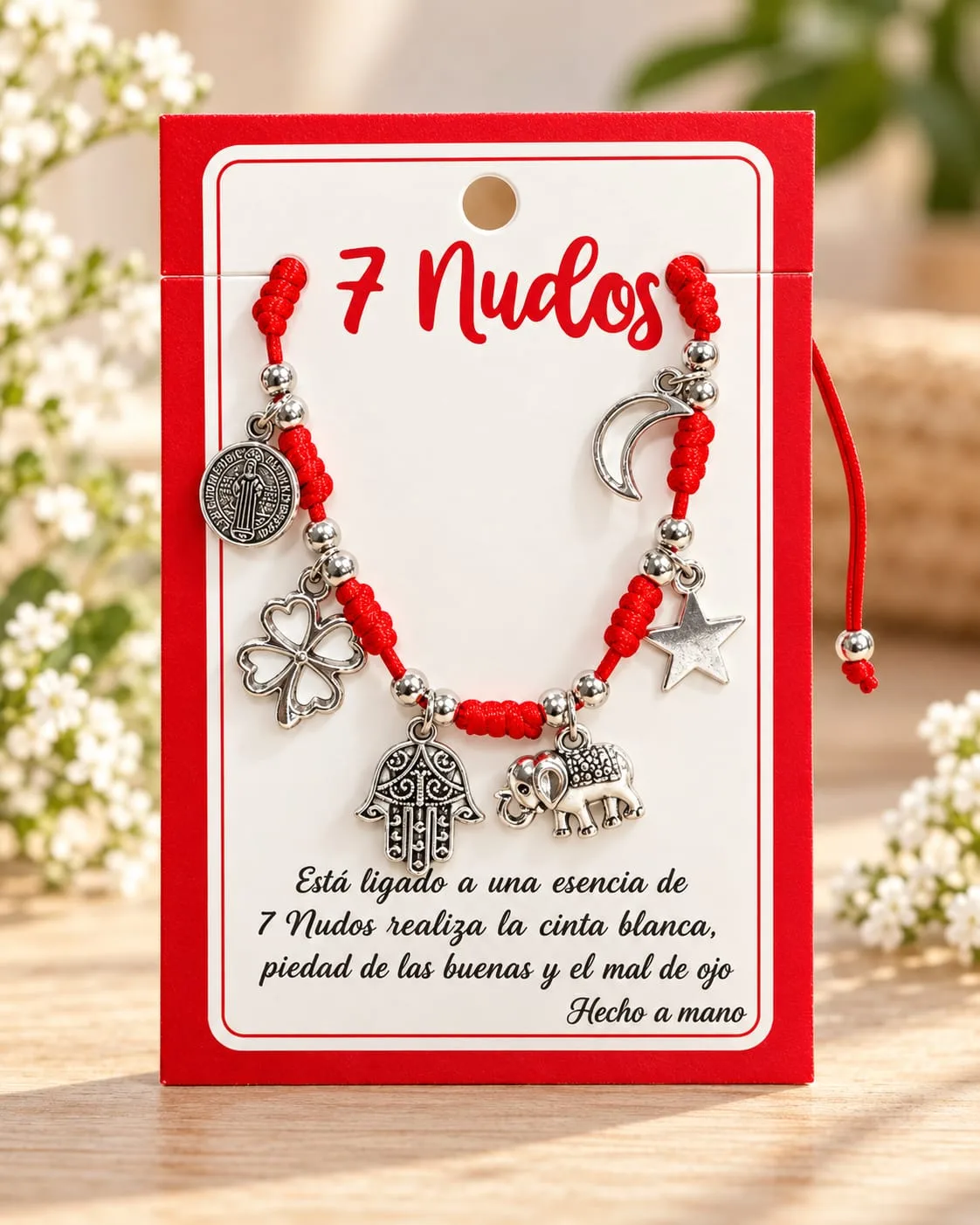 Pulsera 7 Nudos con Dijes Varios (San Benito, Trébol, Hamsa, Elefante, Luna y Estrella)