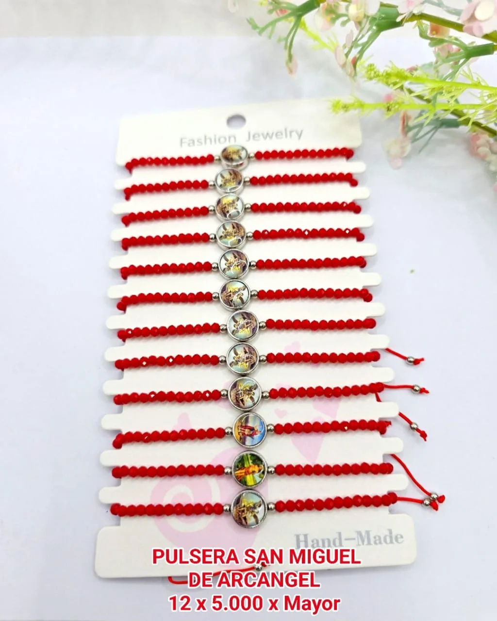 Pack 12 Pulsera Devocional de San Miguel Arcángel en Cristales Facetados Rojos con Medalla Resinada Central