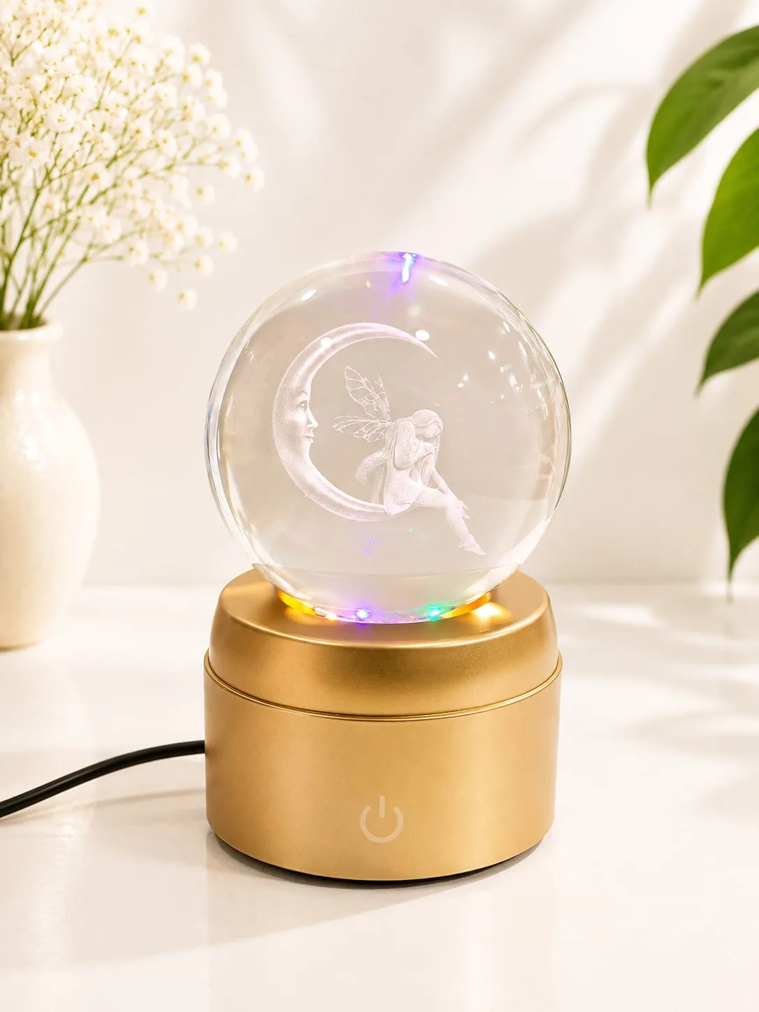 Lampara de Mesa Bola de Cristal Giratorio Hada Lunar con Base Dorada
