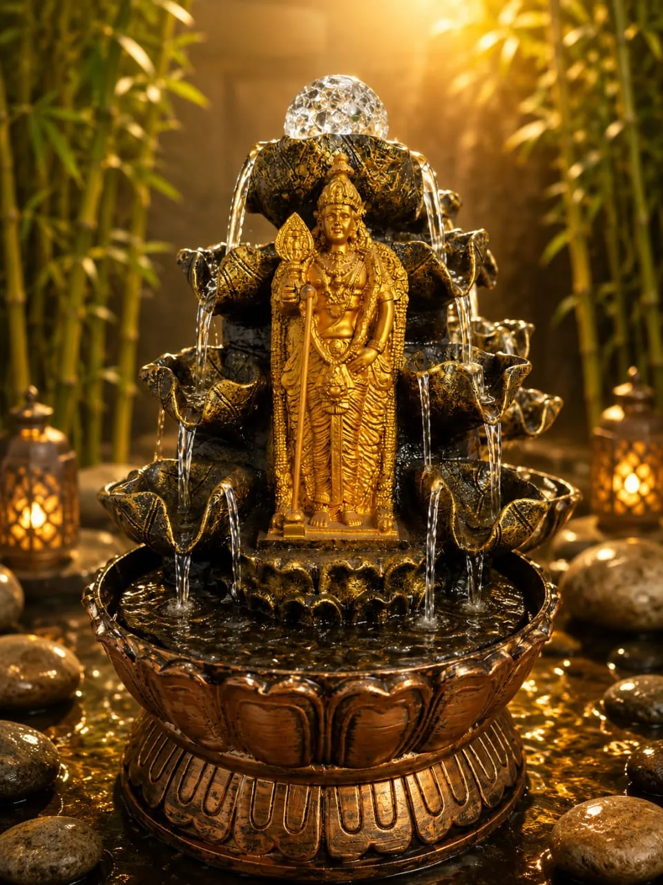 Fuente Agua Murugan Kartikeya Cascada Esfera Cristal Luz