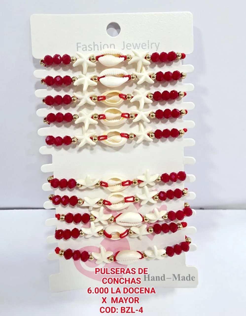 Pack 12 Pulsera Playera Artesanal de Hilo Rojo con Concha Cauri, Estrellas Marinas Blancas y Cuentas de Cristal Rojo