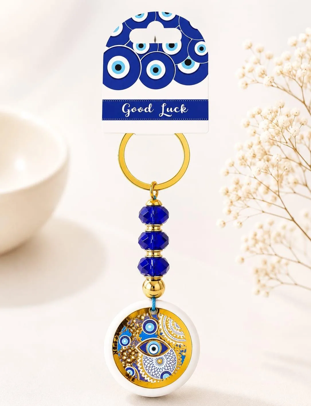 Llavero Dorado de Ojo Turco - Mandala Paisley Dorado Sobre Fondo Blanco