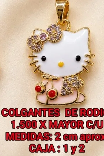 Colgante de Rodio - Hello Kitty sentada con lazo y cerezas