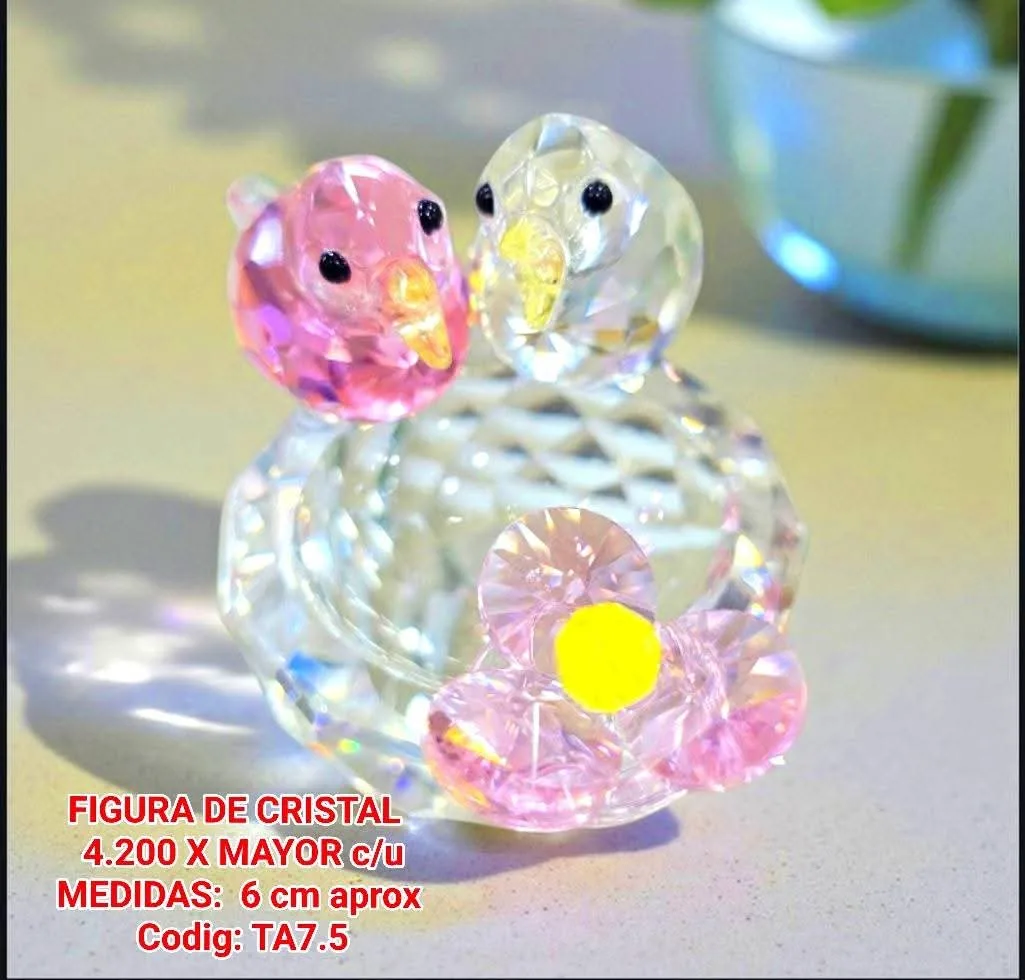 Figura de Cristal - par de pajaritos (rosado y blanco) con flor rosada