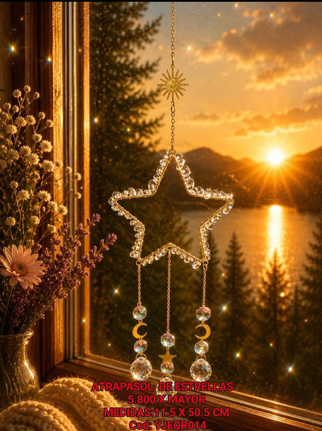 Atrapasoles Estrella Celestial Dorada con Cuarzo Cristal Transparente, Cadenas de Cristales y Dijes de Luna