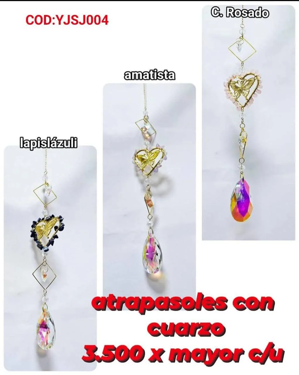 Atrapasoles Corazón de Cuarzo y Piedras Naturales con Mariposa Dorada, Marcos Geométricos y Prisma Iridiscente
