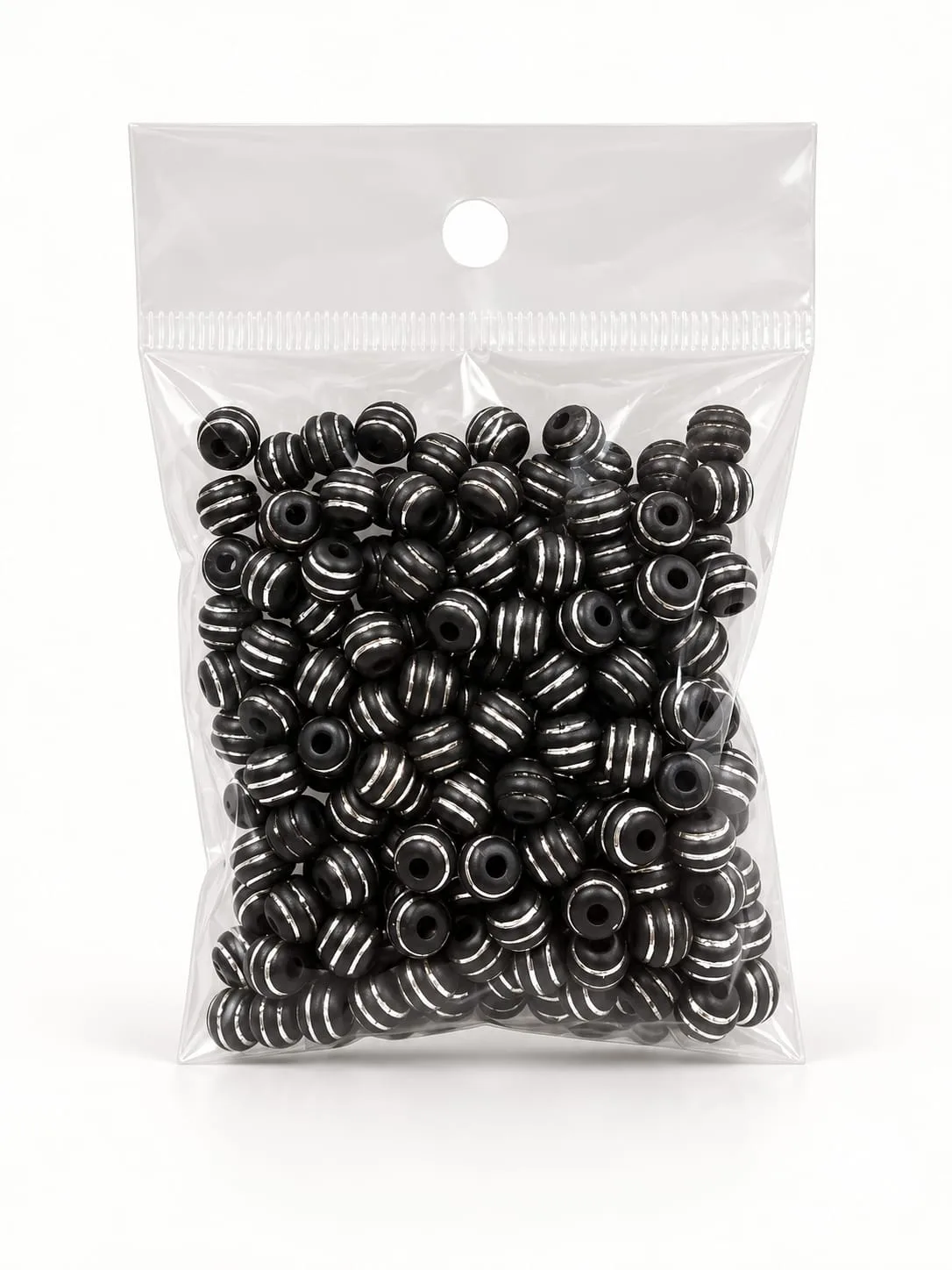 Cuenta Acrílica Rayada 8mm Negro con Rayas Blancas Finas