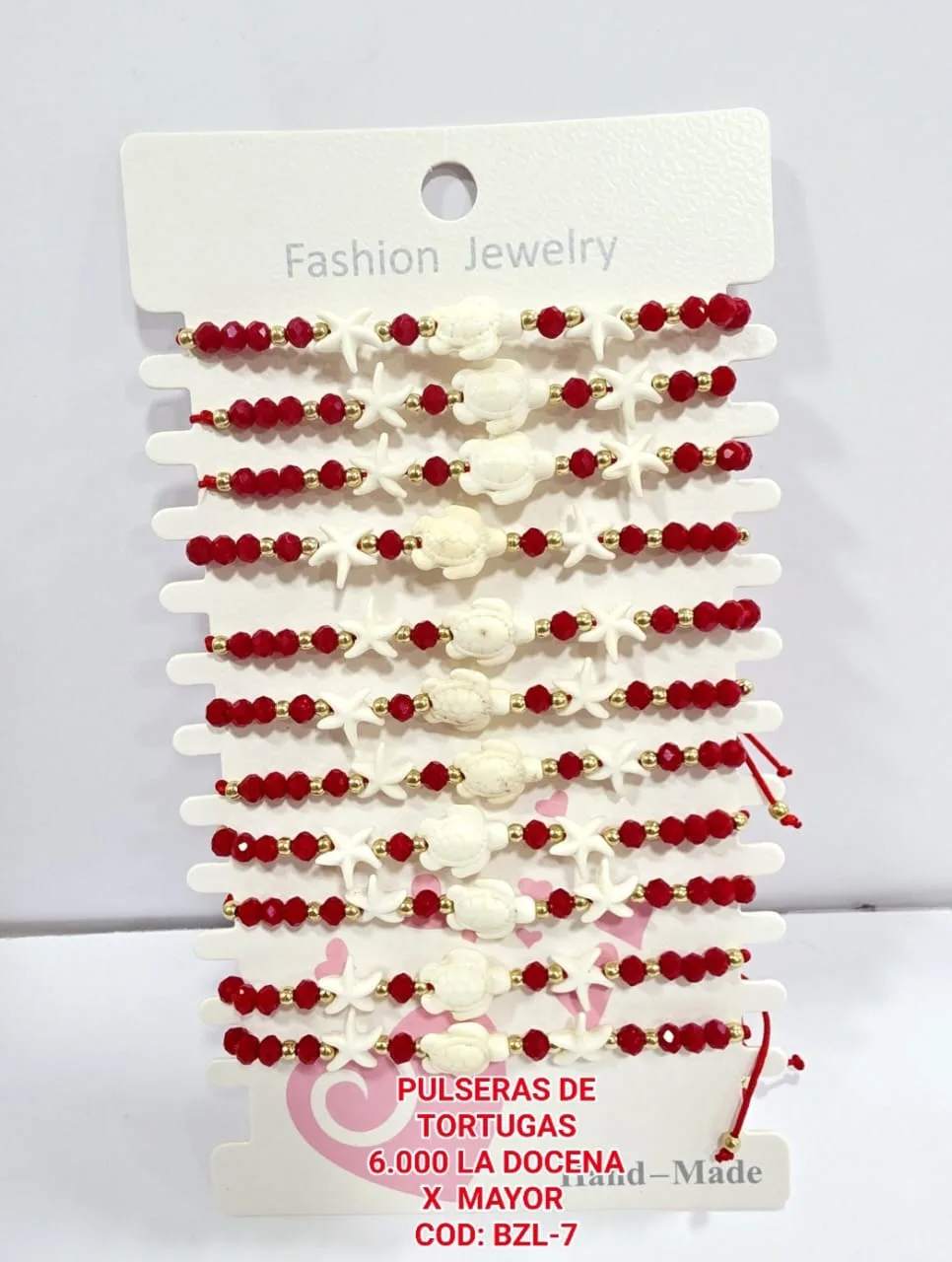 Pack 12 Pulsera Playera Marina de Tortuga y Estrellas de Mar en Piedra Blanca con Cristales Rojos Facetados