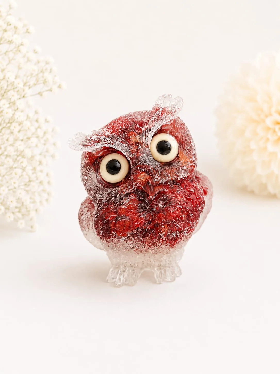 Figura de Búho en Resina Craquelada Rojo