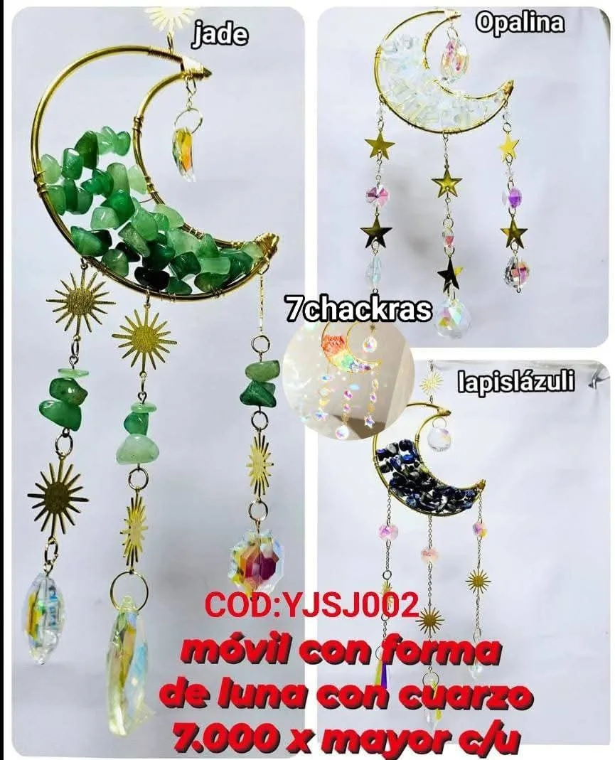 Atrapasoles Medialuna de Alambre Dorado con Cuarzos Naturales, Soles Astrales y Prismas Iridiscentes