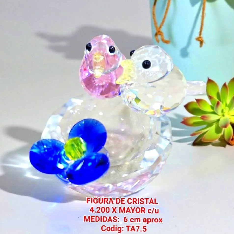 Figura de Cristal - par de pajaritos (rosado y blanco) con flor azul