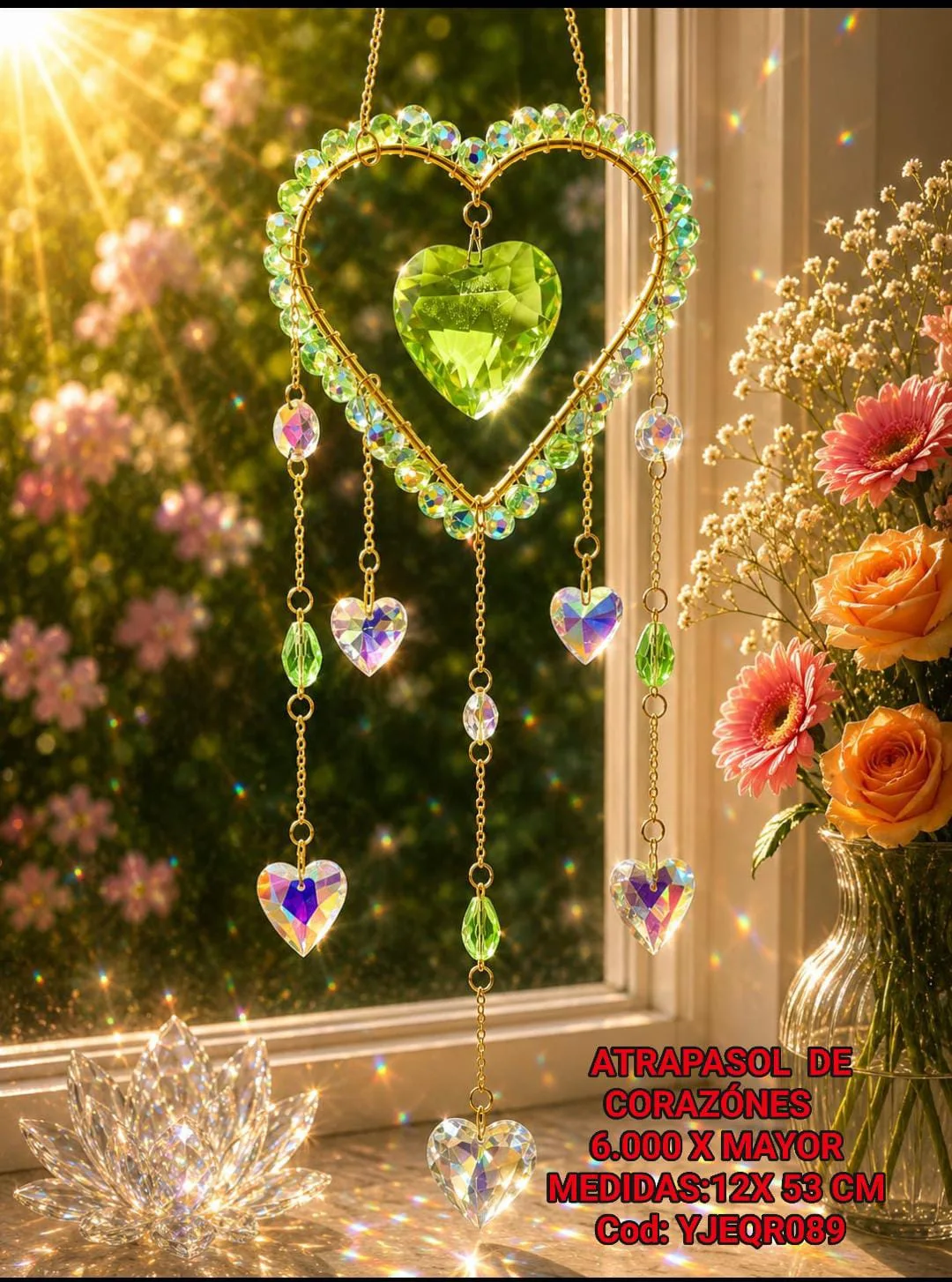 Atrapasoles Corazón Verde Esperanza con Perlas de Cristal, Prisma Central y Cadenas con Dijes de Corazón