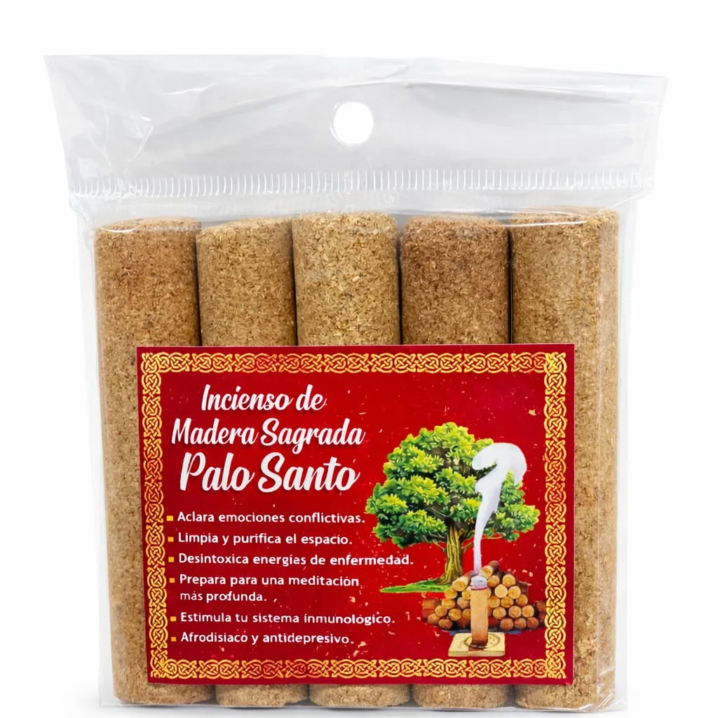 Incienso de Palo Santo - Paquete de 5 varillas con etiqueta roja "Incienso de Madera Sagrada Palo Santo"