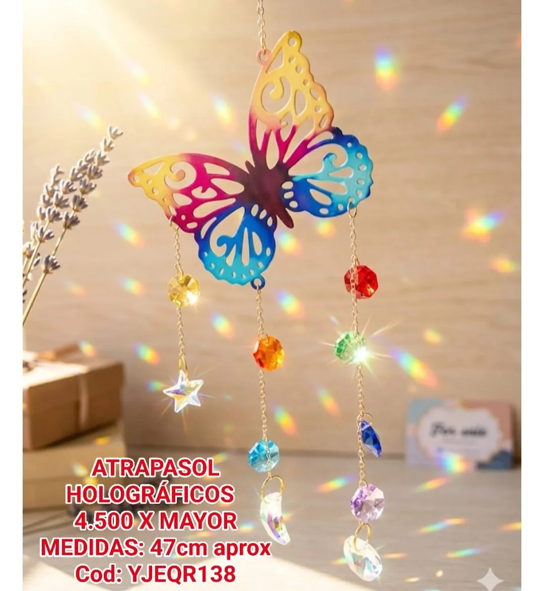 Atrapasoles Mariposa Holográfica Multicolor con Cuentas de Cristal Arcoíris y Prismas
