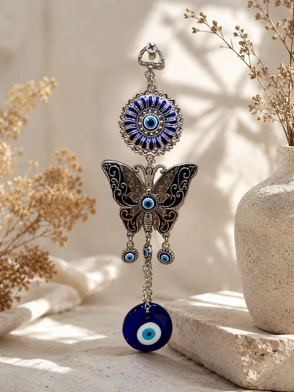 Colgante Mariposa Plateada con Ojo Turco de Vidrio
