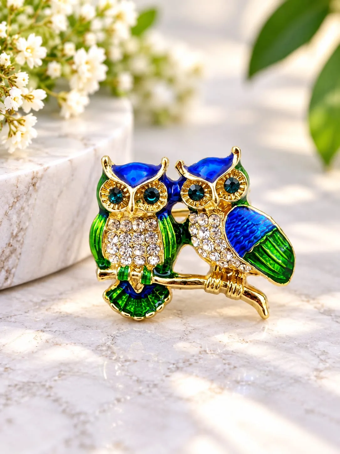 Prendedor de Búhos Pareja Azul y Verde