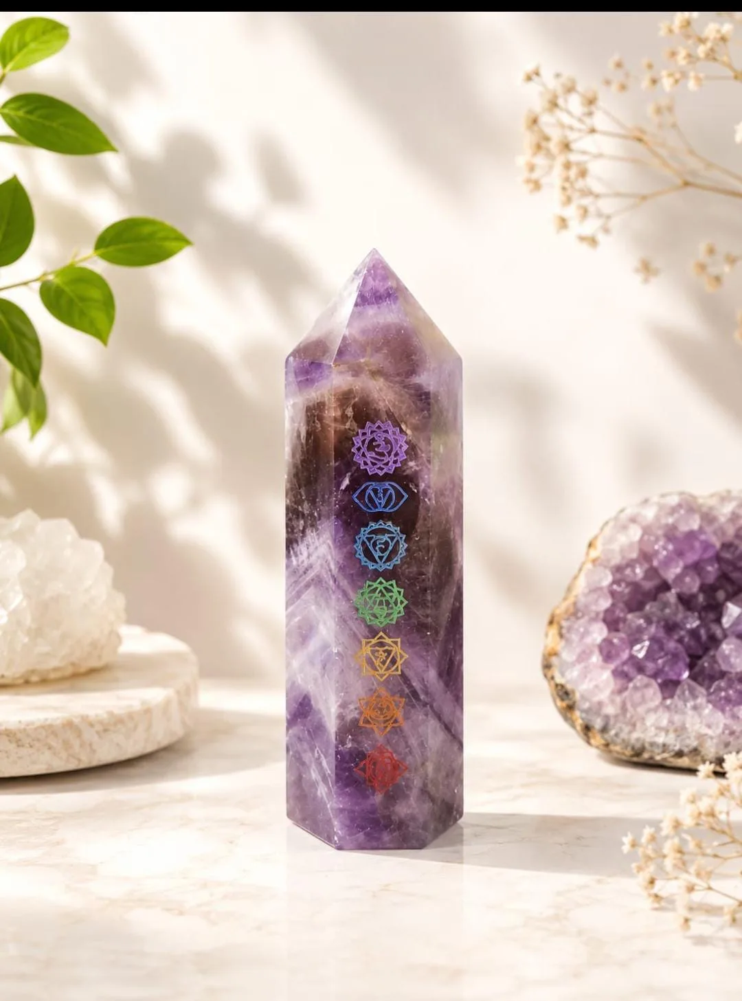 Obelisco de Amatista con Grabado de Chakras