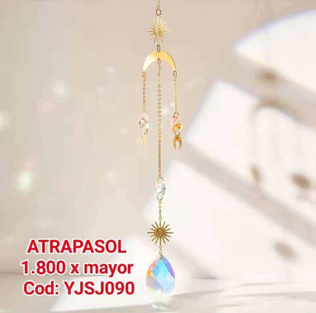 Atrapasoles Celestial Minimalista con Arco de Luna, Soles Astrales y Lágrima Prismática Iridiscente