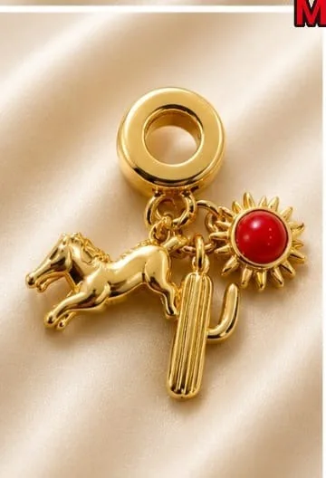 Charm en Rodio - Caballo, cactus y piedra roja