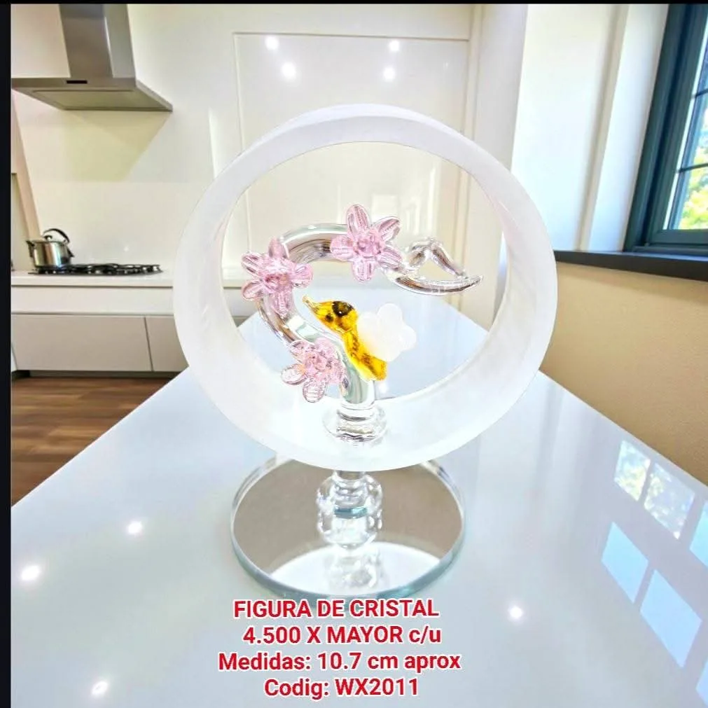 Figura de Cristal - aro con pato amarillo y flores rosadas