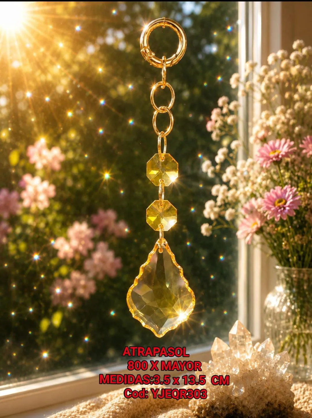 Atrapasoles Compacto de Cristal Ámbar Dorado con Cuentas Facetadas y Gancho Dorado