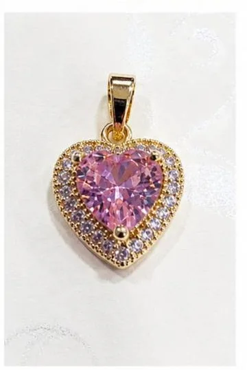 Colgante de Rodio - Corazón piedra rosada (broche simple)