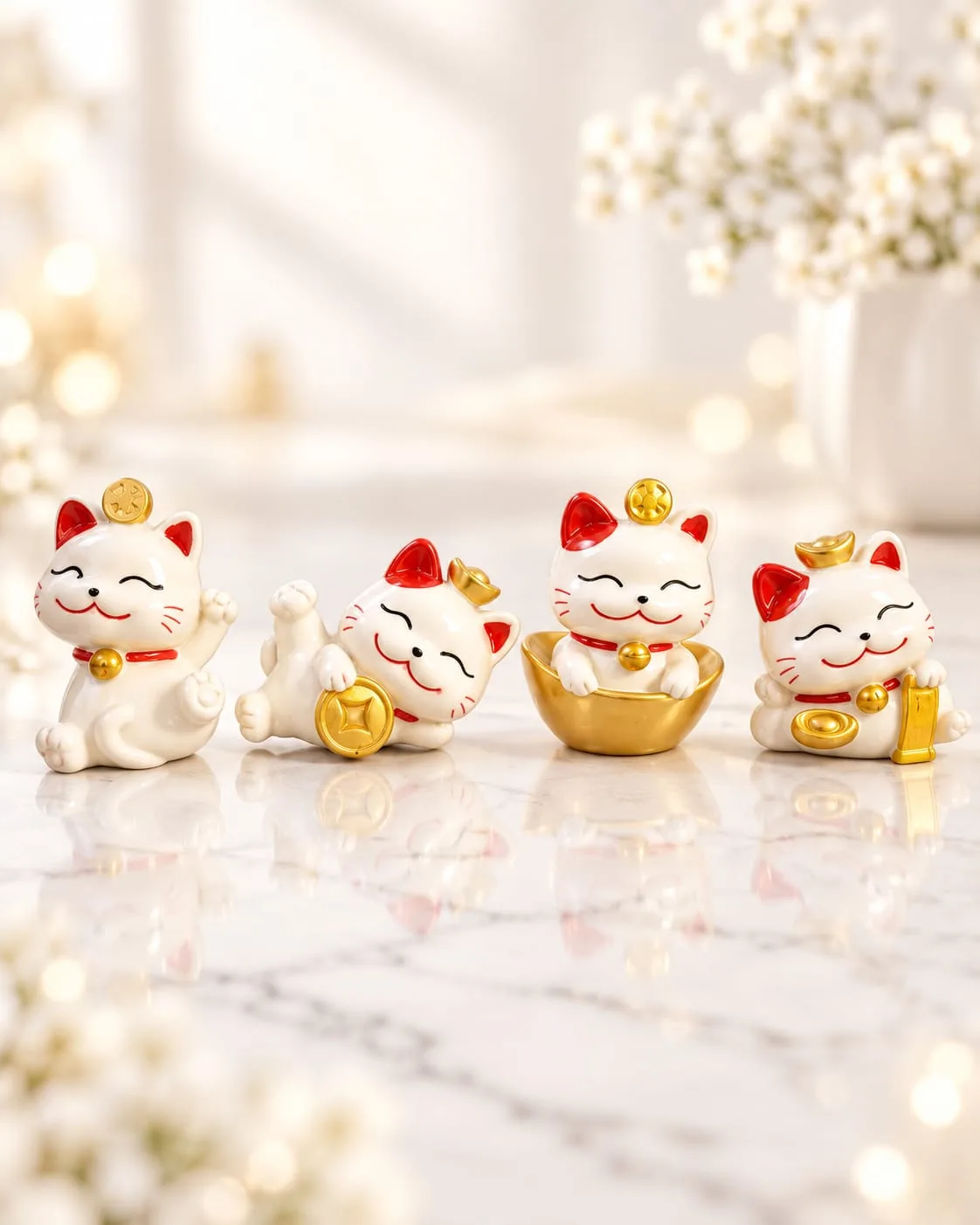 Figura de Gato de la Suerte Blanco con Moneda