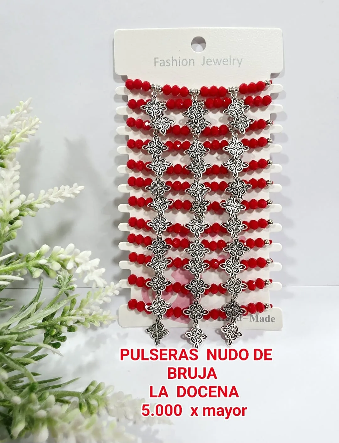Pack 12 Pulsera Protectora Nudo de Bruja Celta con Cuentas de Cristal Facetado Rojo y Dije Colgante Plateado
