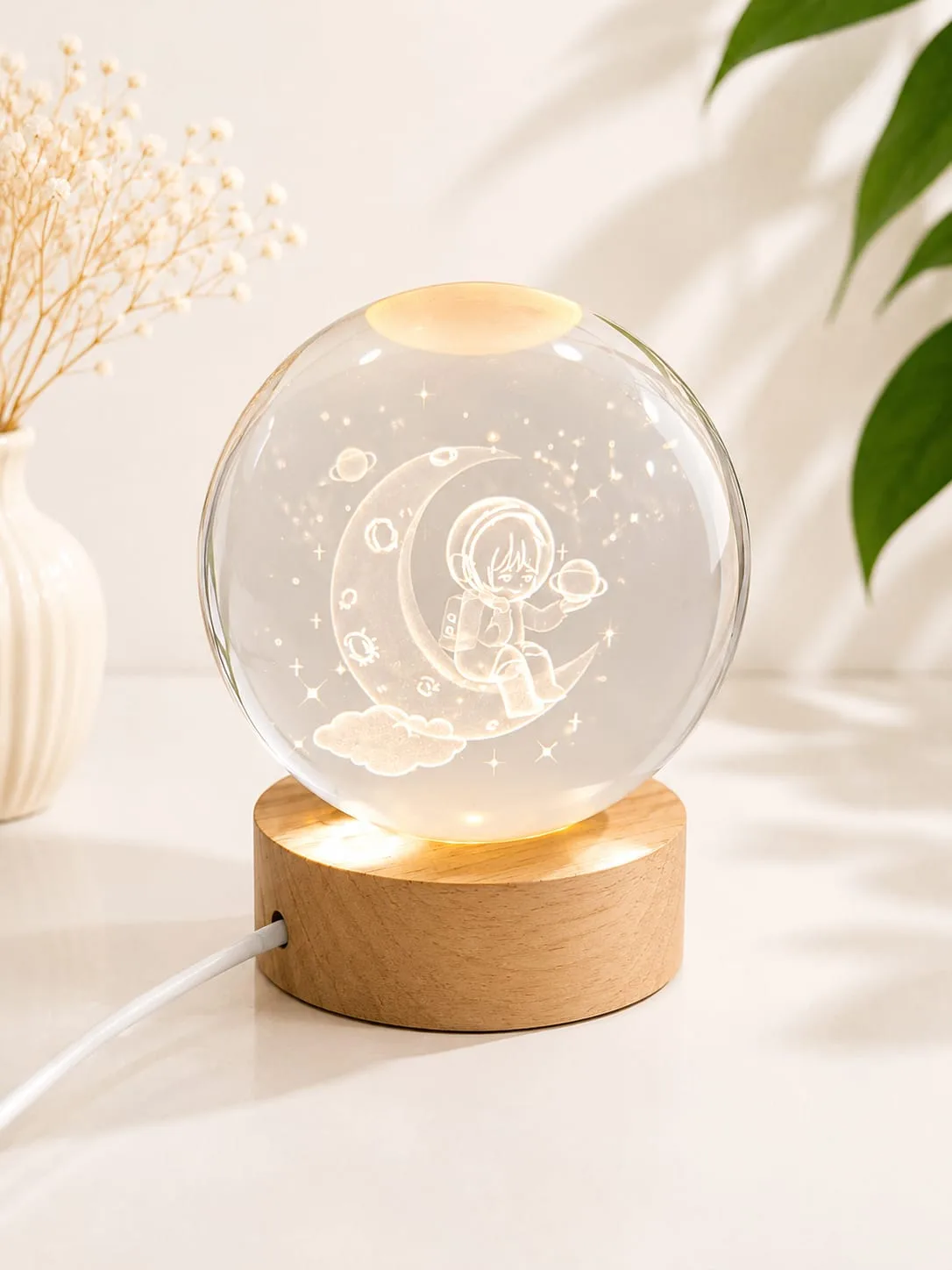 Lampara de Mesa Bola de Cristal Astronauta con Base de Madera