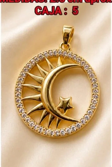 Colgante de Rodio - Luna con sol de rayos y estrella con piedras blancas
