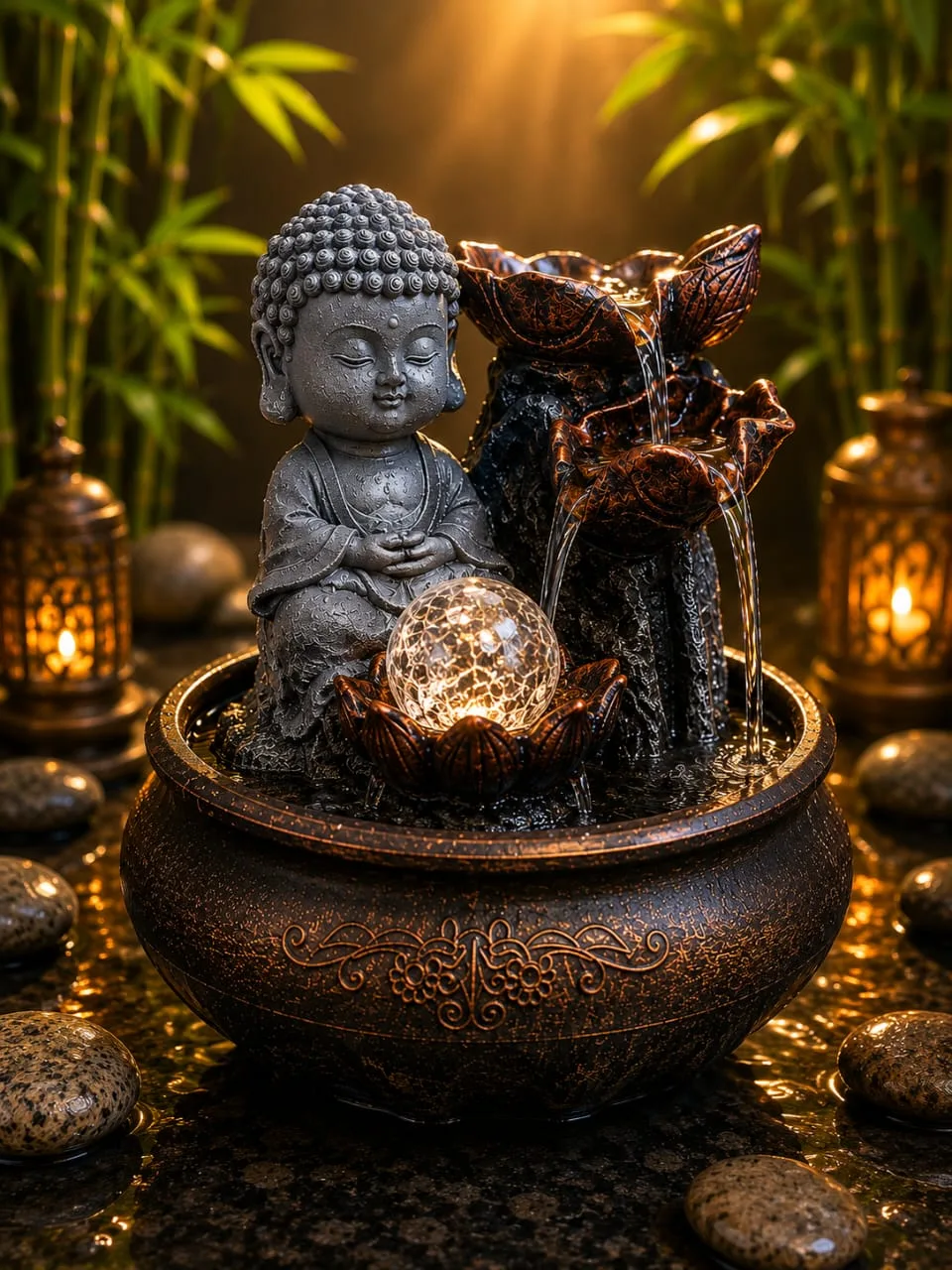 Fuente De Agua Buda Bebe Cascada Esfera Cristal Luz Led