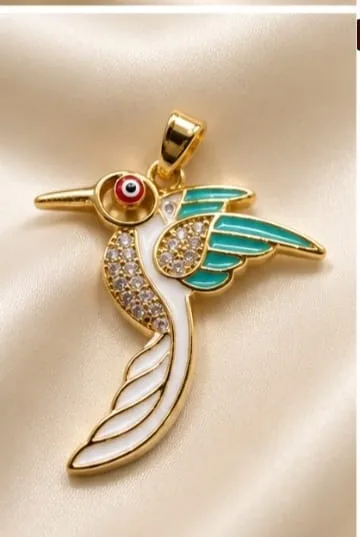 Colgante de Rodio - Colibri esmaltado blanco/turquesa con ojo rojo