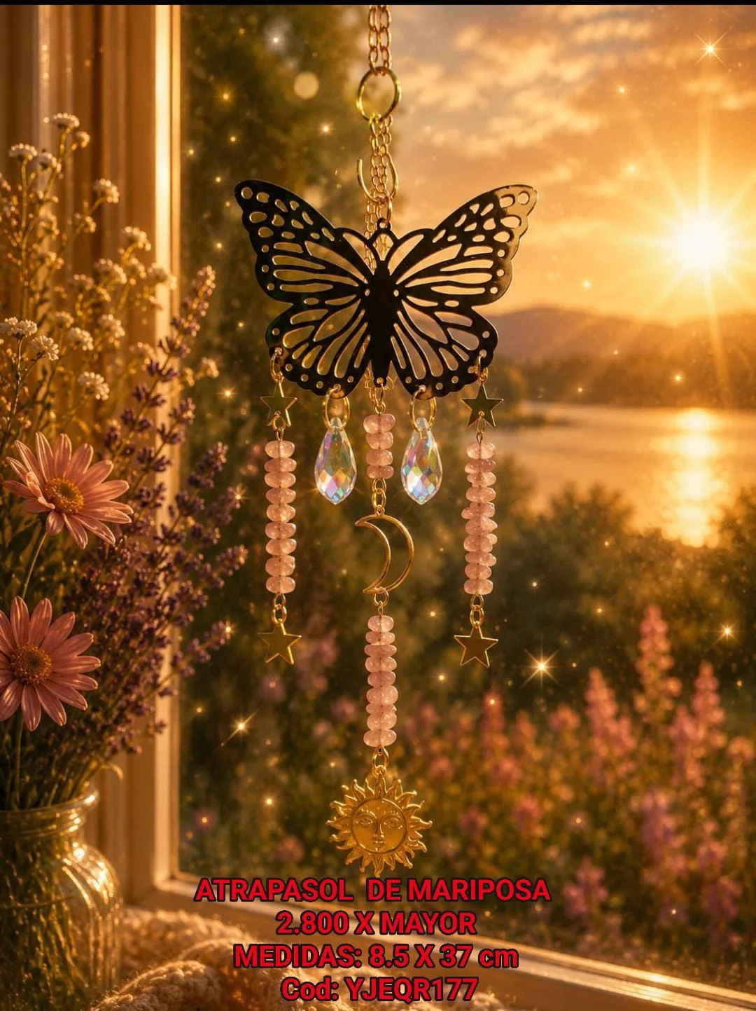 Atrapasoles Mariposa Dorada Calada con Piedras de Cuarzo Rosa, Sol y Luna